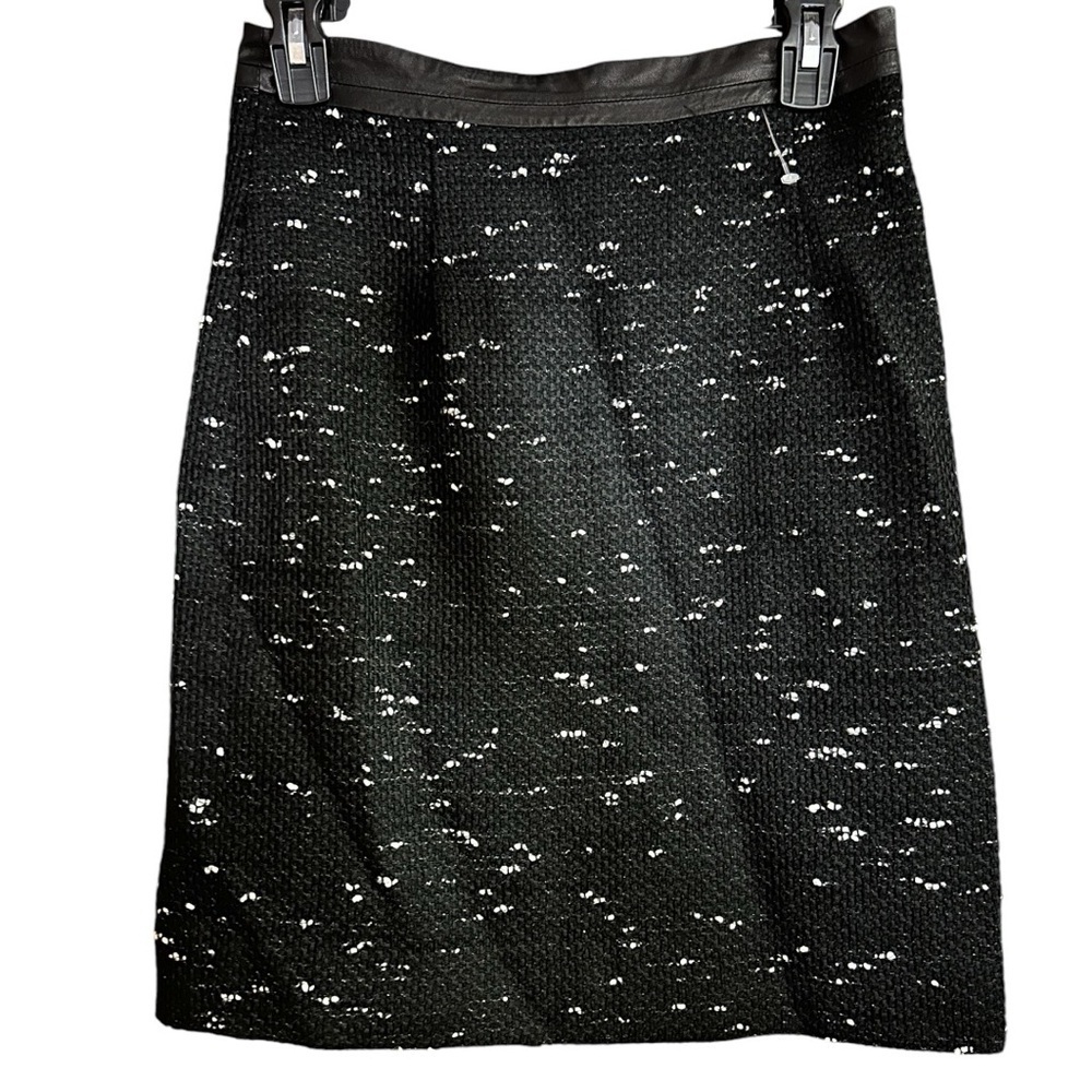 MILLY Lamb Leather Trim Speckled Tweed Pencil Skirt Black